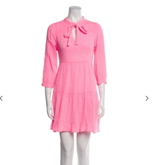 Honorine Pink Tie Neck Mini Dress XS Cotton A Line Tiered 3/4 Sleeve Boho Summer - Picture 2 of 5
